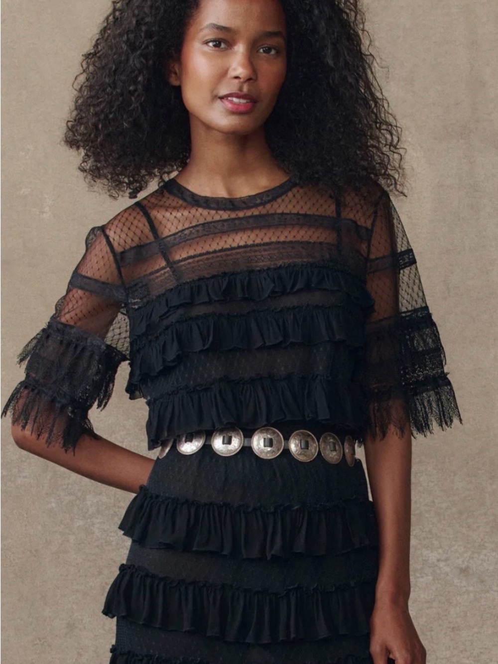 THE GREAT Winter Mesh Flounce top Black Ruffle Lace  size 2 Medium NWT